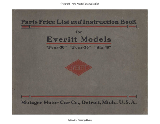 1912 Everitt   Parts Price List & Inst  Book (88pgs)