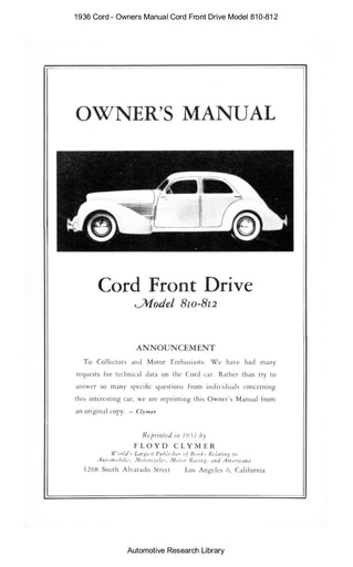 1936 Cord   Owners Manual Model 810 812 (36pgs)