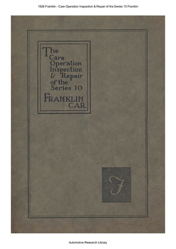 1928 Franklin   Care Operation Inspection & Repair of the Series 10 (109pgs)