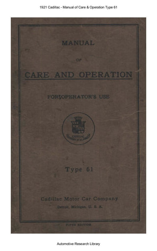 1921 Cadillac   Manual of Care & Operation Type 61 (72pgs)