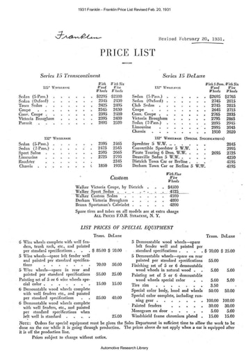 1931 Franklin   Price List Revised Feb  20 (1pg)