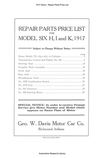 1917 Davis   Repair Parts Price List (26pgs)