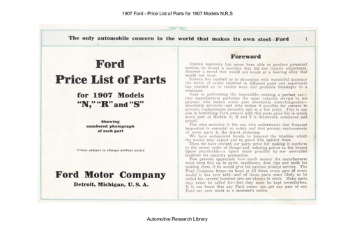 1907 Ford   Price List of Parts Models N,R,S (60pgs)